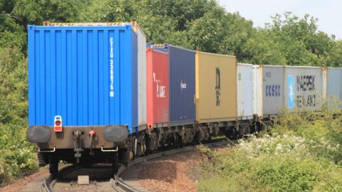 Trimley Branch Line container train leaving Felixstowe. Photo: Geof Sheppard