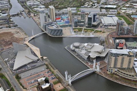Sky view of MediaCityUK, in the former Industrail Salford Quays in Greater Manchester