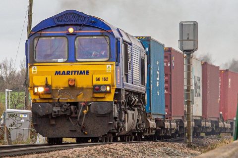 Intermodal train from Felixstowe in close up at Ely in Cambridgeshire