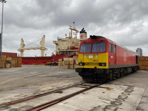 Freight train on the quayside in front of ship at Sunderland