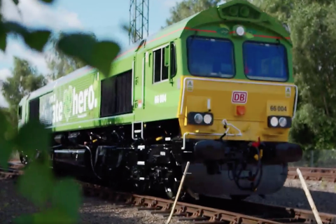 locomotive with "I'm a climate hero" logo