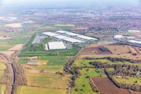 Aerial impression of the Northampton logistics park and rail freight terminal