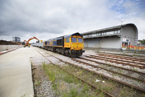 Train being loaded with construction spoil on the HS2 project site