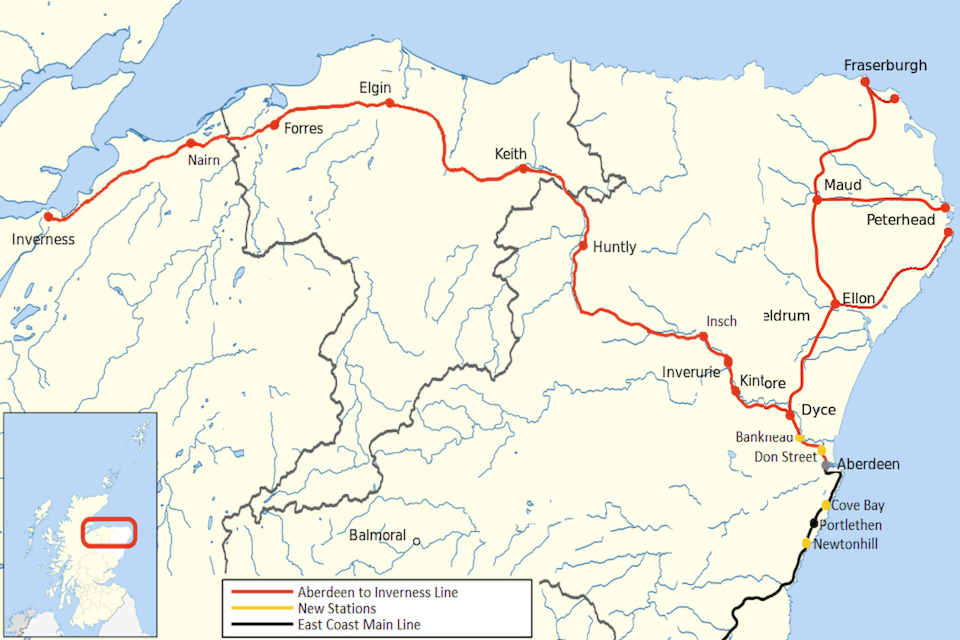 Map of lines between Aberdeen and Peterhead