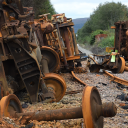 Close up of derailed and burned-out tank wagons