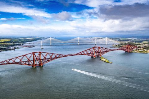 Aerial image of the Forth Bridge looking upstream to Rosyth