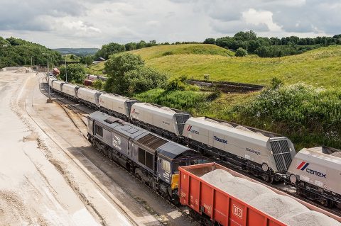 Cemex trains passing each other near Dove Holes