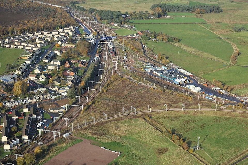 Overhead view of Carstairs Junction showing the tingle of lines connecting Glasgow, Edinburgh and Carlisle