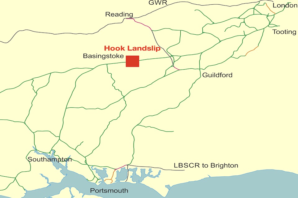 Map of London to Basingstoke line via Hook showing position of landslip