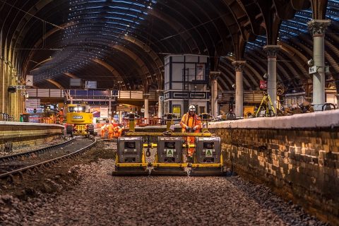 Track renewal machines in York station relaying tracks
