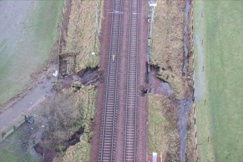 West Coast Main Line - overhead shot of track damage by subsidence
