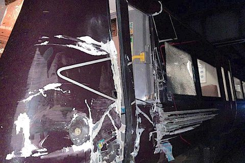 Badly damaged front of CrossCountry passenger train at night