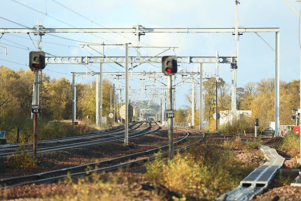 Ground level view of Carstairs Junction showing rails and wires