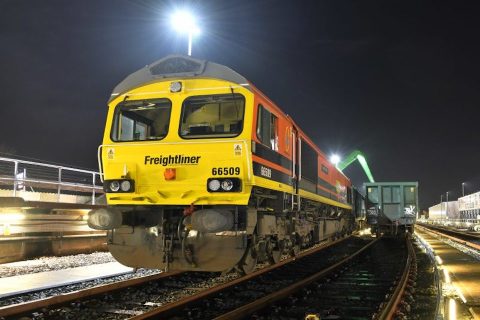 Freightliner locomotive at Leyland Enterprise Sidings at night