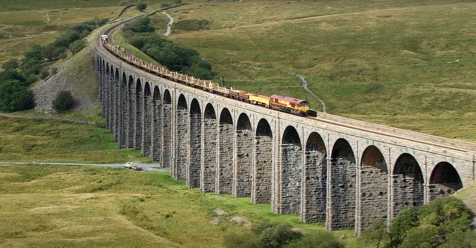 Infrastructure train crosses Culloden Viaduct south of Inverness
