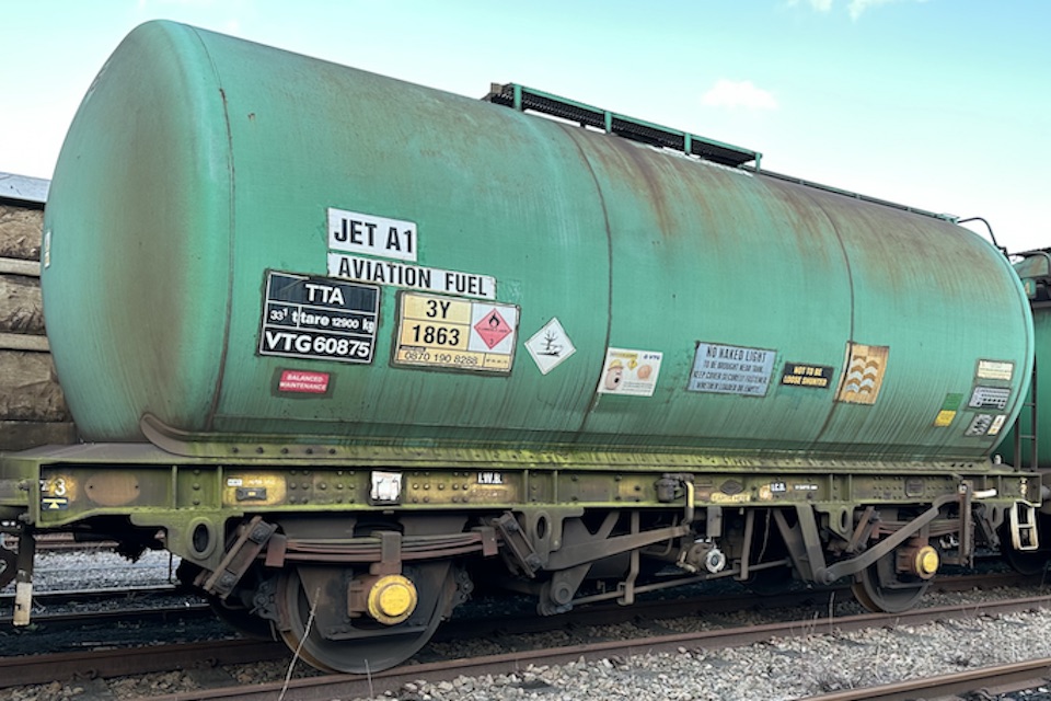 Close up of a TTA two-axle tank wagon at MCL Rail, Gascoigne Wood in Yorkshire