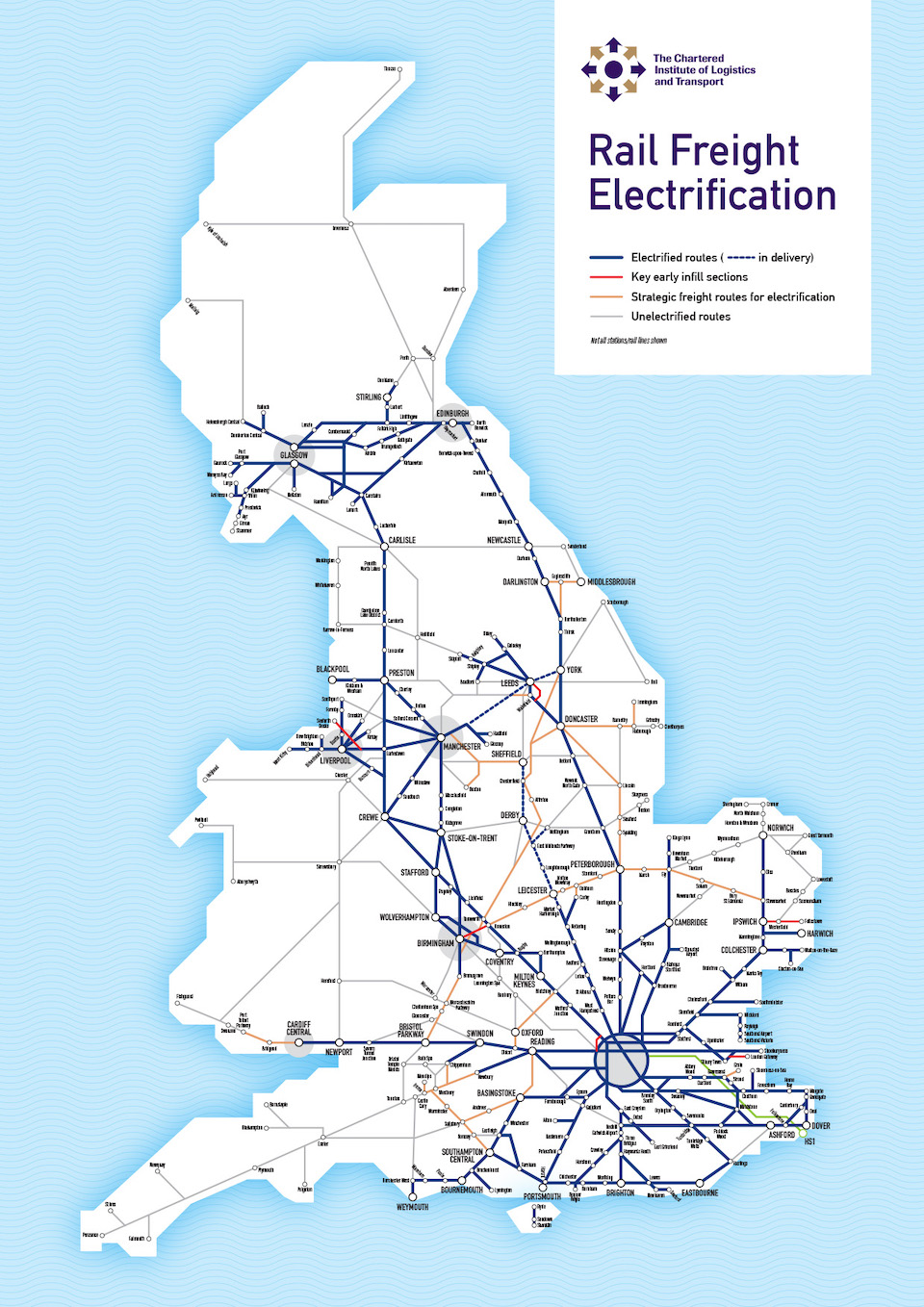 A map of Great Britain showing electrified railway lines