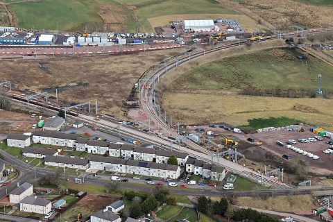 Aerial shot of Carstairs Junction showing work underway to renew the tracks