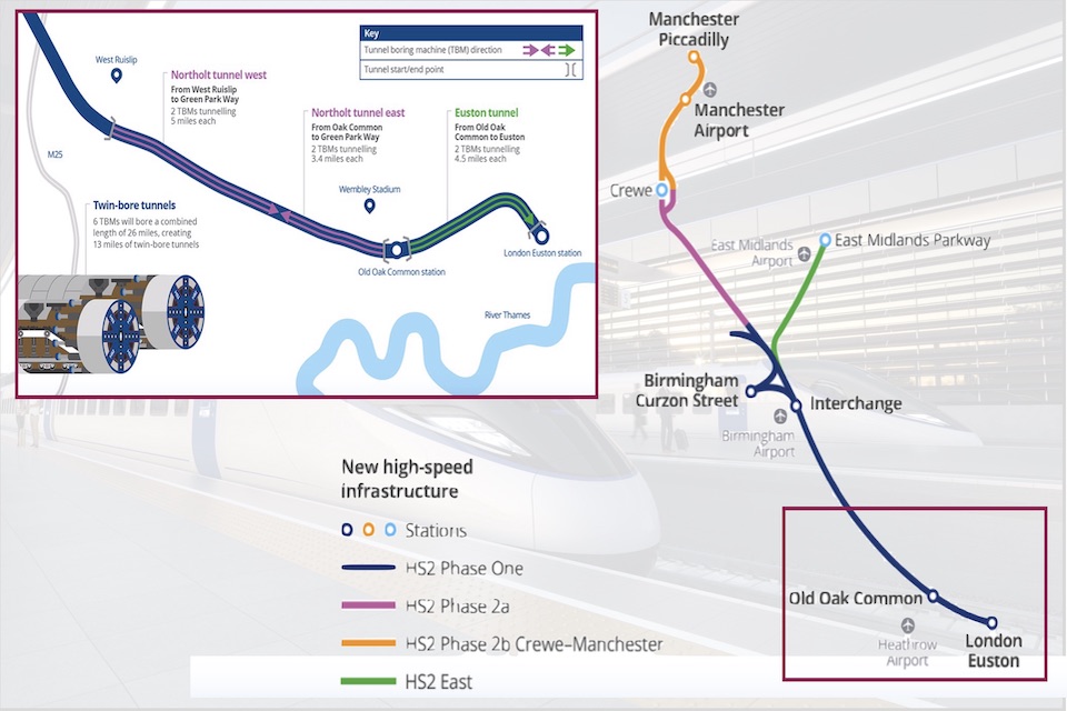 Graphic of HS2 route and inset of London detail