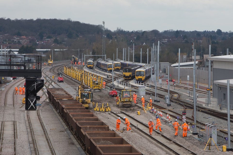 Overhead view of rail lines being installed at Reading