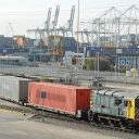 Shunter moves container train at Felixstowe