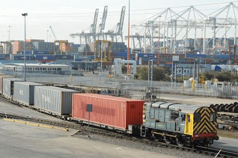 Shunter moves container train at Felixstowe