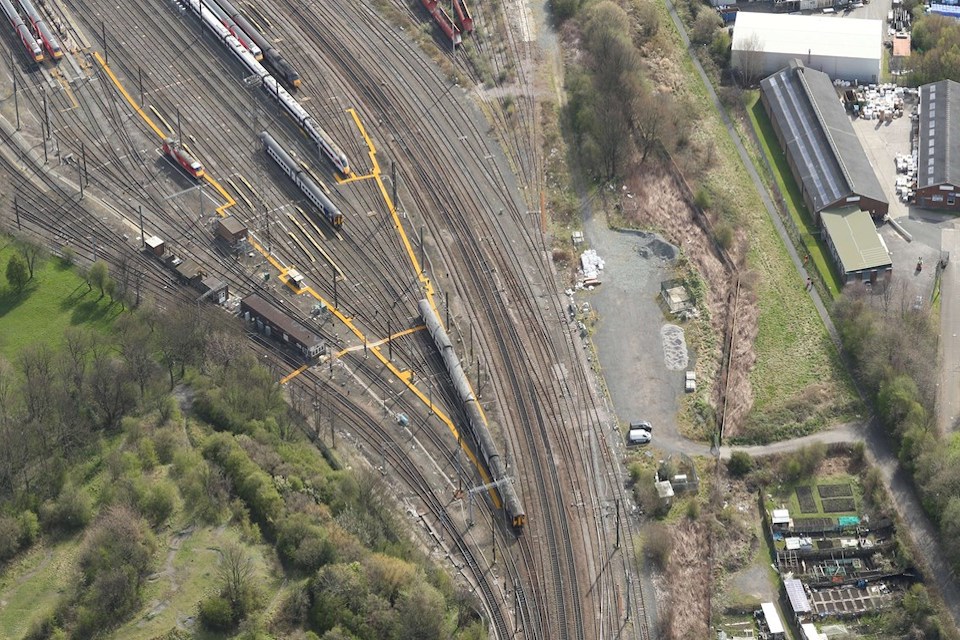 Overhead shot of Neville Hill depot area at Leeds