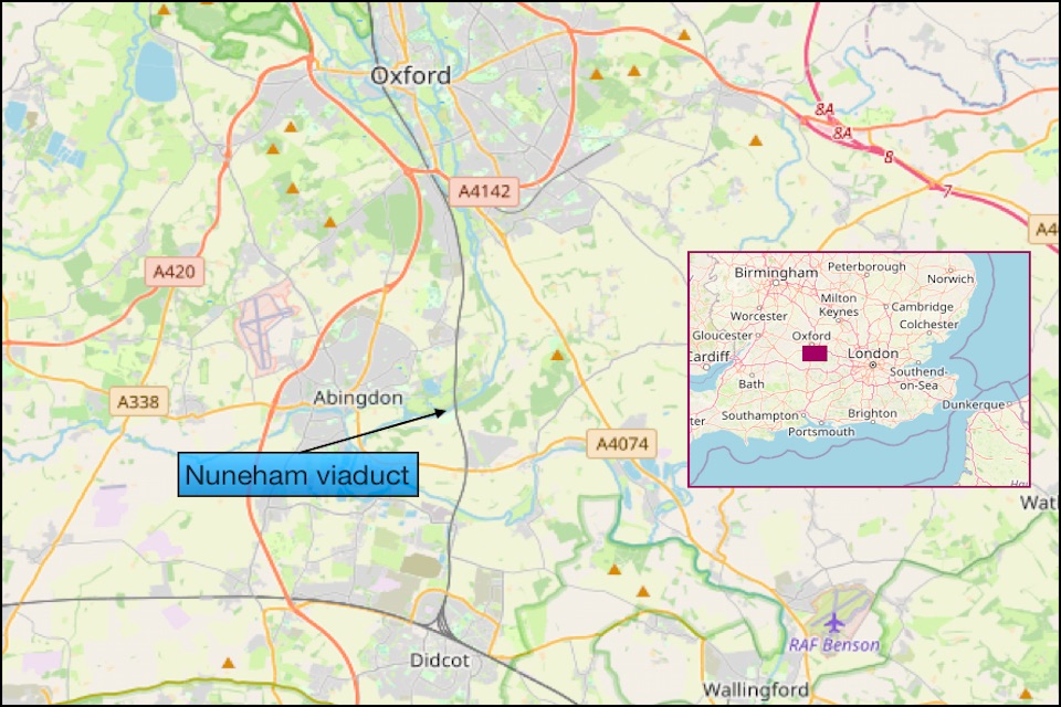 Map of the area around Nuneham Viaduct, showing Oxford and Didcot, with insert showing the UK context