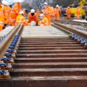 Track level view of workers on the railway