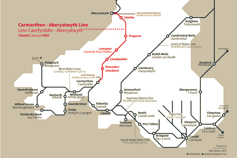 Map of the Carmarthen - Aberystwyth line as proposed by the campaigners