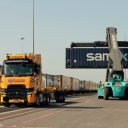 Samskip container being loaded by a reach stacker at Balllina in Ireland