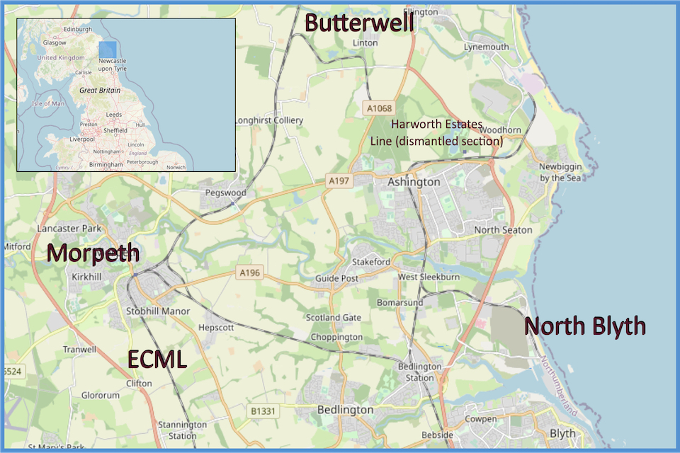 Map showing location of Butterwell junction on the East Coast Main Line near Morpeth