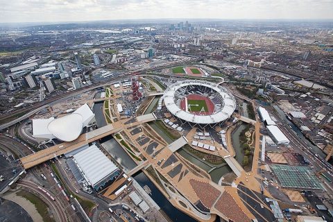 Aerial view of the Olympic Park looking south west towards London