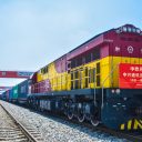 Central Asia express freight train about to depart from Xi'an terminal