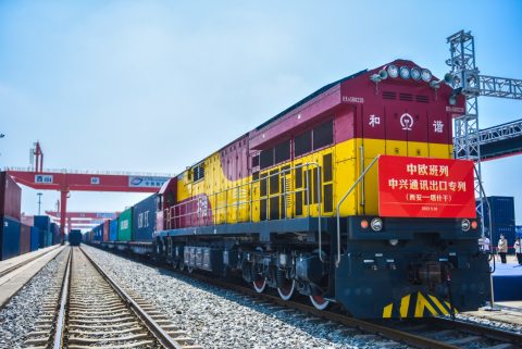 Central Asia express freight train about to depart from Xi'an terminal