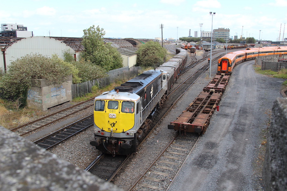 General views of Dublin North Wall freight depot with several trains in shot