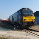 Nuclear materials train headed by class 68 locomotive ready to depart from site