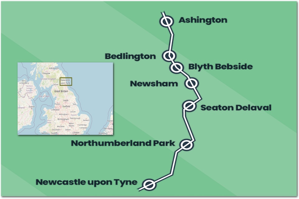 Graphic of the Northumberland Line and location in England