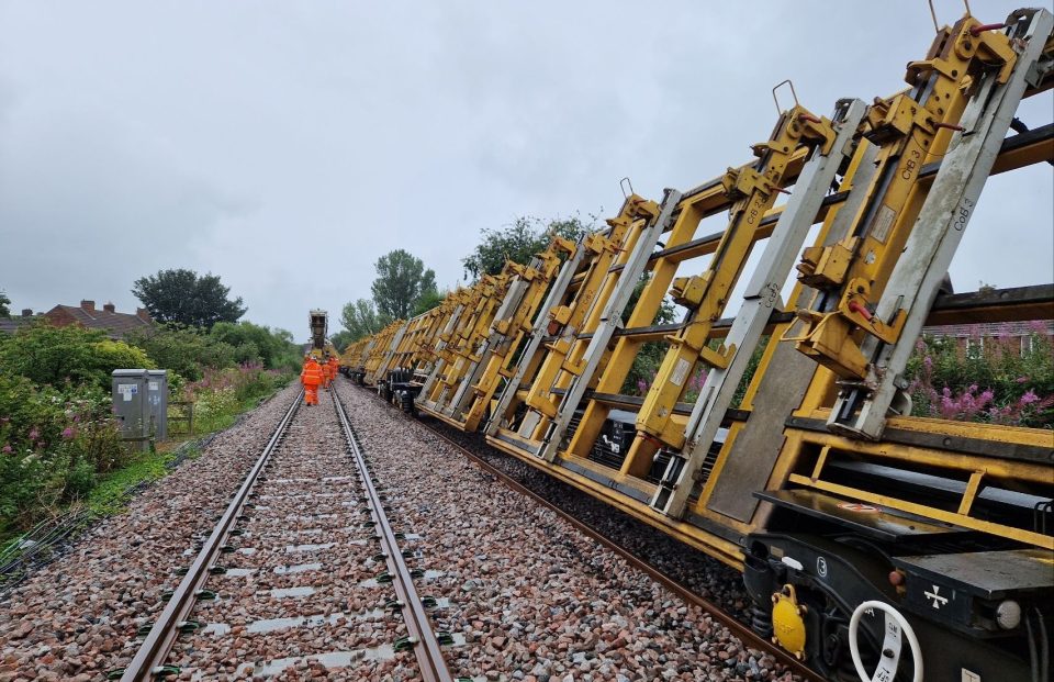 Train carrying prefabricated points section arrives in Ashington