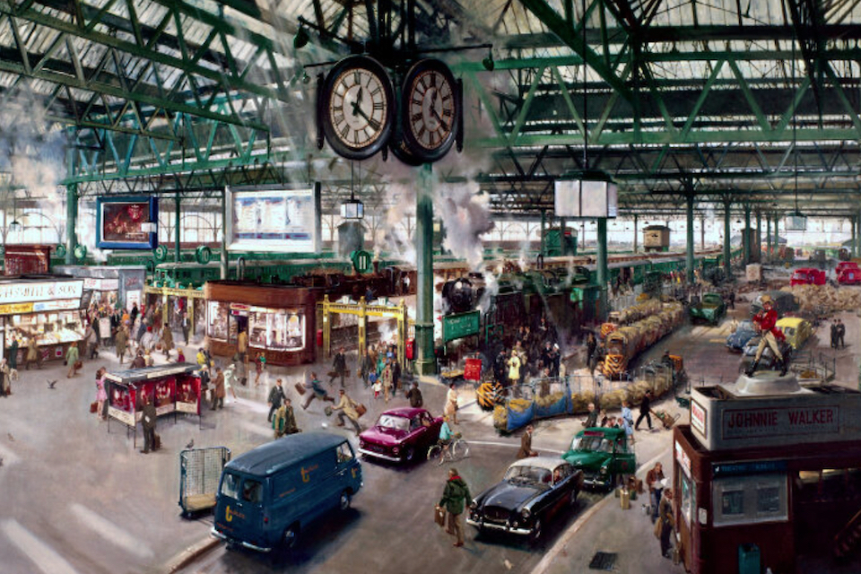 Busy concourse at Waterloo in the 1960s, showing steam and electric passenger trains and parcels-light goods operations
