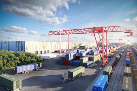 CGI generated general view of the proposed rail freight terminal at West Midlands Interchange, showing intermodal train and trucks with a red over crane in operation