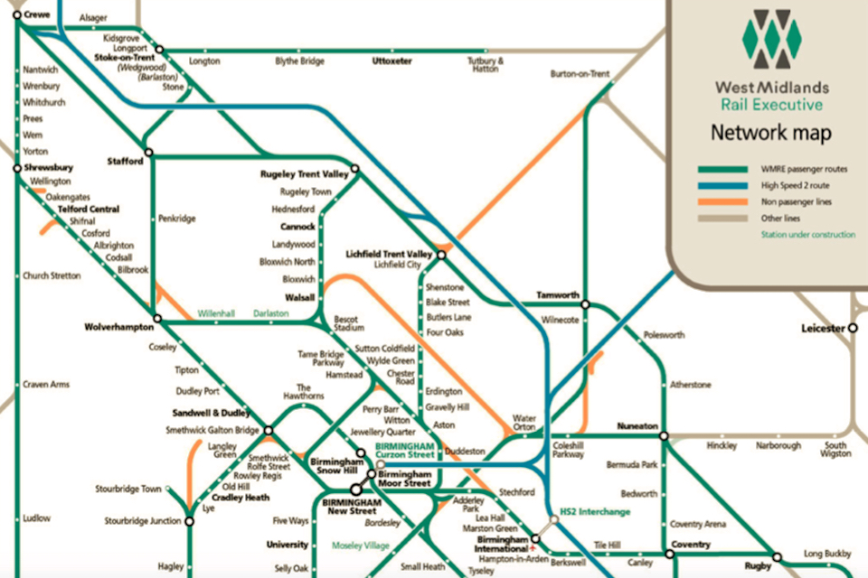 diagram of railway lines and development potential in the West Midlands of England