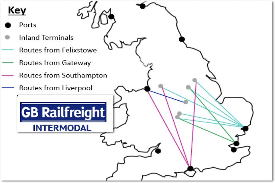 Graphic of GBRf port routes, showing Liverpool, Southampton, London and Felixstowe to inland locations