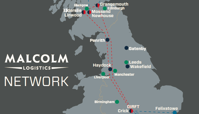 A map of rail operations for the Malcolm Group, the Scotland based logistics carrier