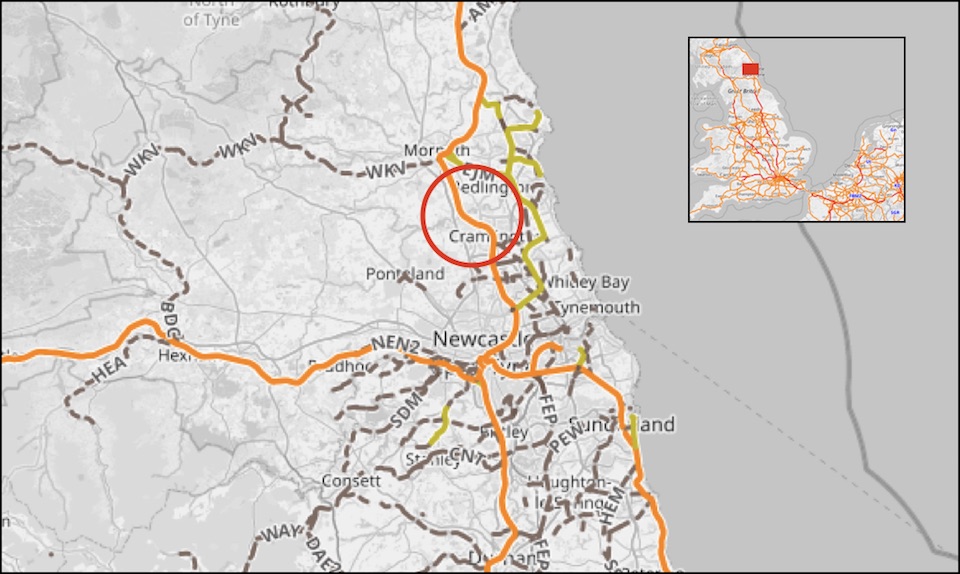 Map showing location of Plessey Viaduct in the north of England