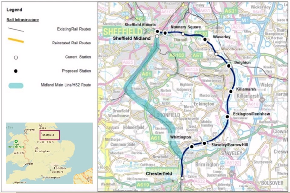 Map showing the Barrow Hill Line between Chesterfield and Sheffield