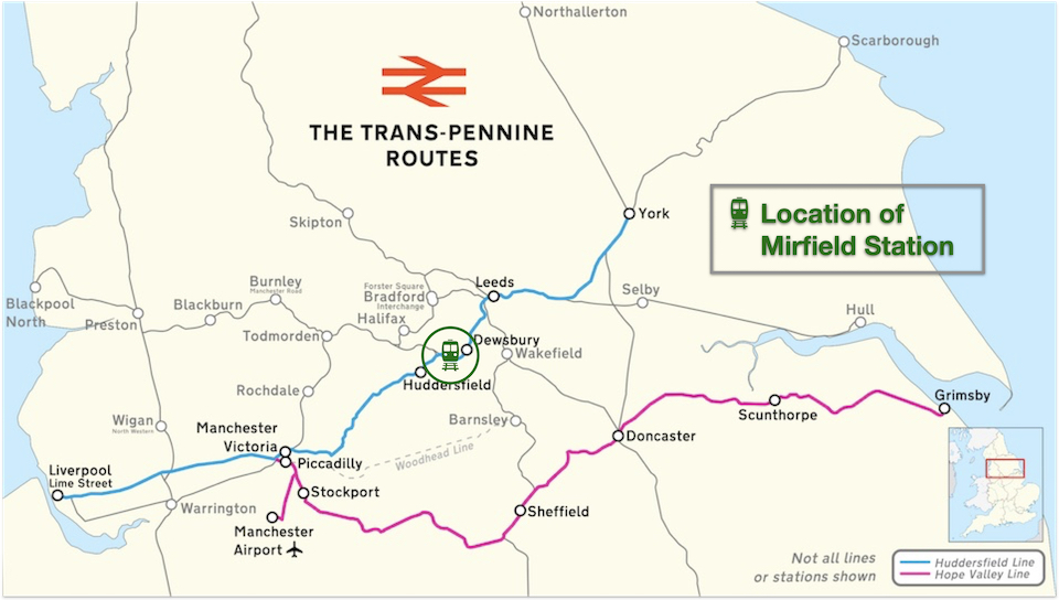 Mirfield Station shown on a modified contextual image of the Transpennine Route and selected other main lines in Northern England